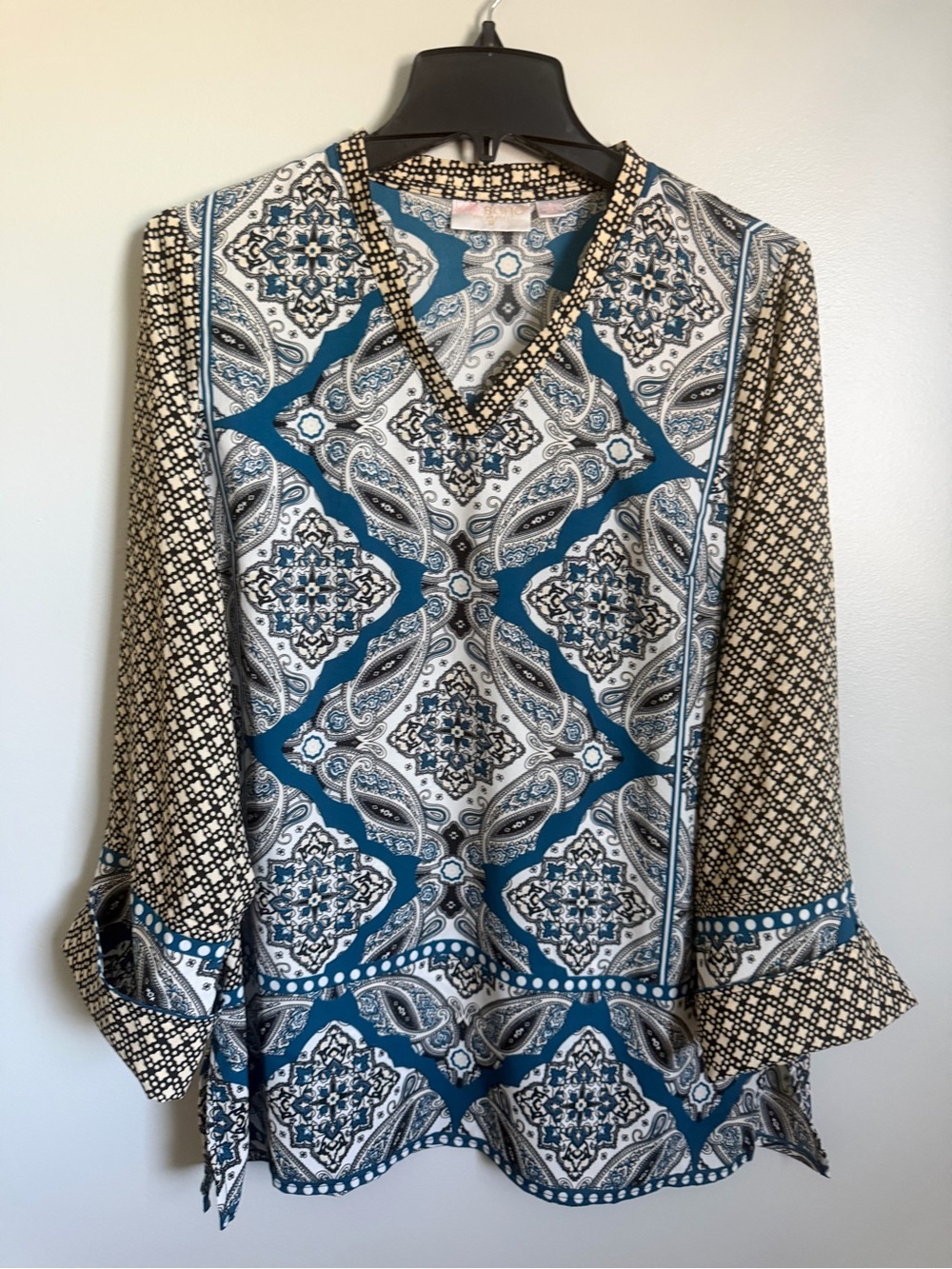 Belle Boho By Kim Gravel Paisley V-Neck Tunic Blouse in Teal and Black Small